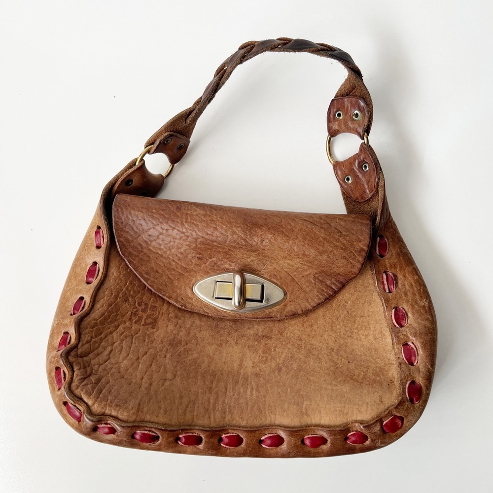 Vintage 70s Leather Whipstitch Shoulder Bag Small Brown Boho Western Purse